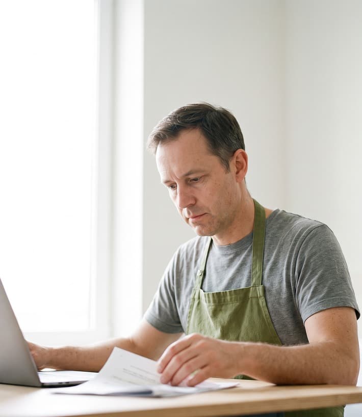 A small business owner at a bright worktable, reviewing delivered student work on a laptop and printed pages.