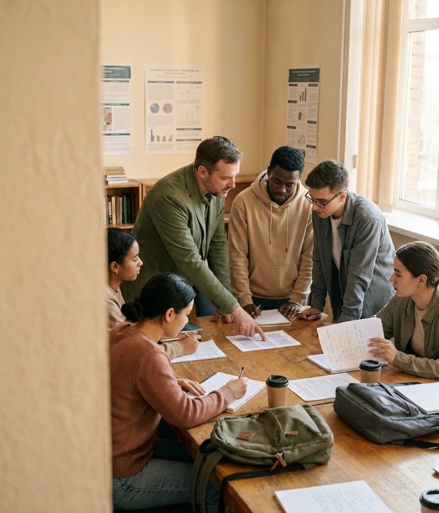 A professor reviewing printed student project work with a group around a table