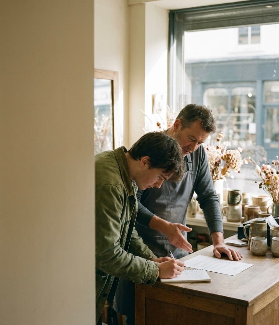 A student and a shop owner reading a printed project plan together at the counter
