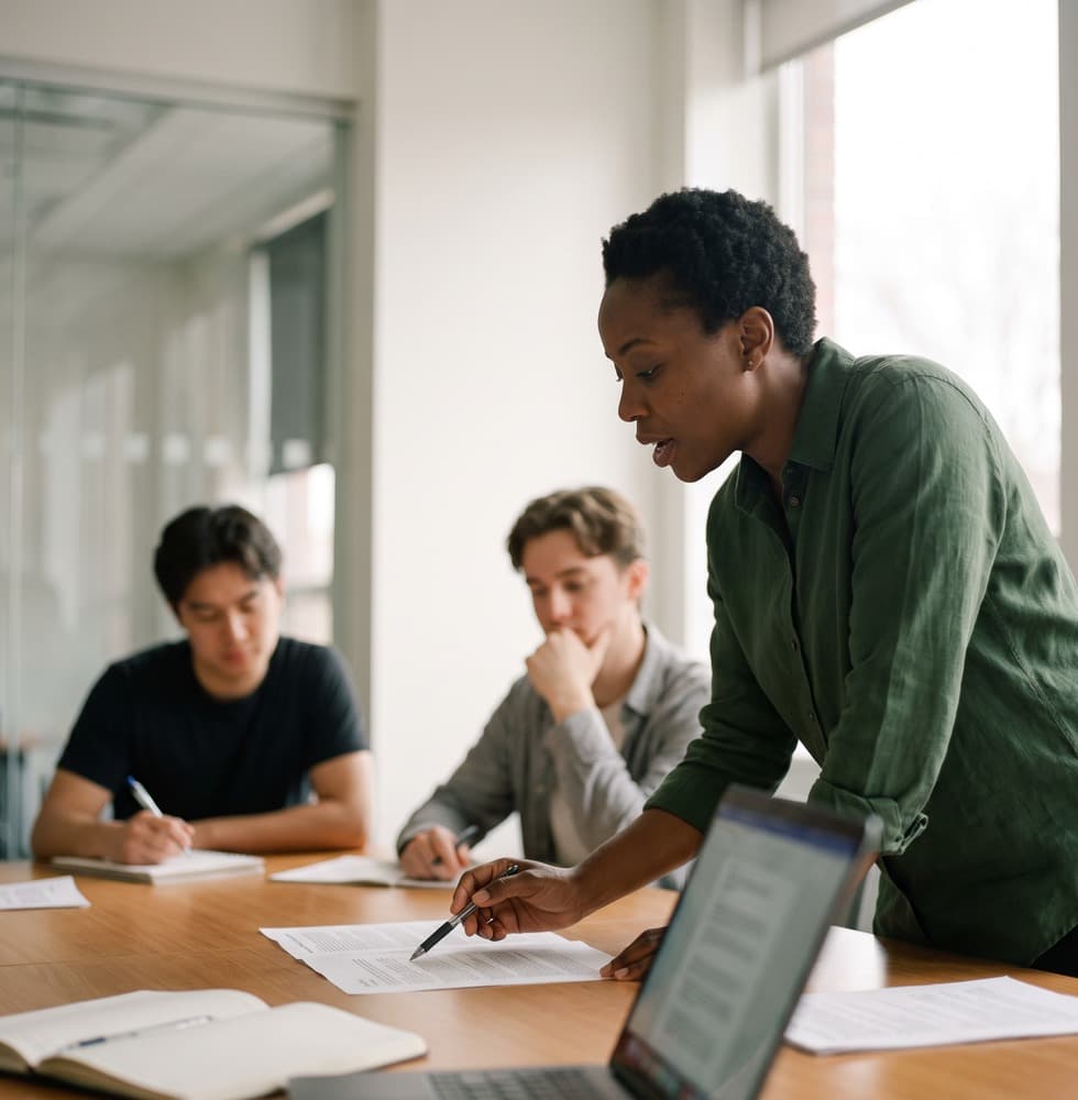A faculty member leaning over a table, pointing at a project brief while two students take notes.